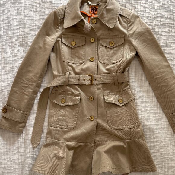 TORY BURCH Tan Khaki Utility Ruffled & Skirted Trench Coat Jacket Sz. 0 - Picture 1 of 6